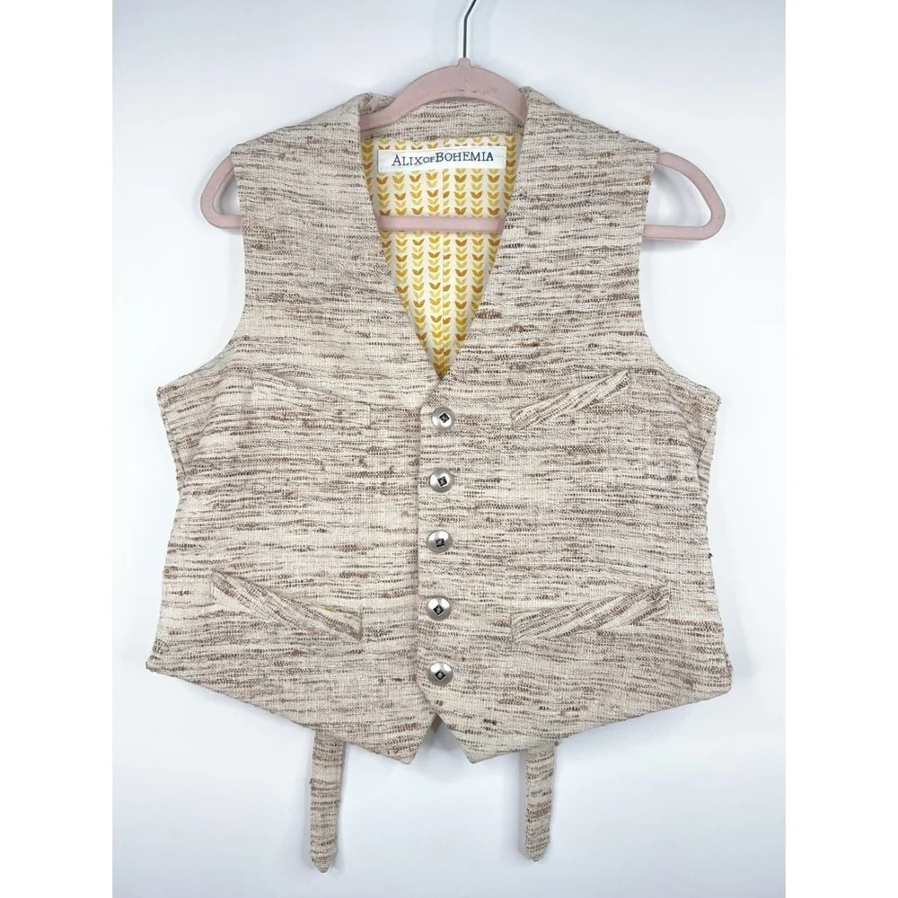 Alix Of Bohemia Vest Cream Beige Woven Textured Button Front Cotton Medium